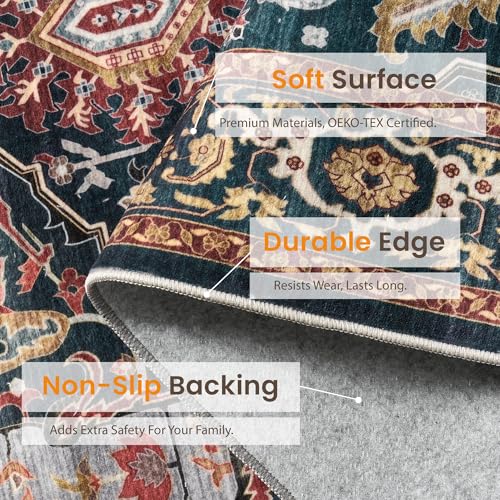 Rugland 5x7 Area Rugs - Stain Resistant Washable Rug, Anti Slip Rugs for Living Room, Vintage Tribal Area Rugs(Medallion 01-Rust/Blue, 5'x7')