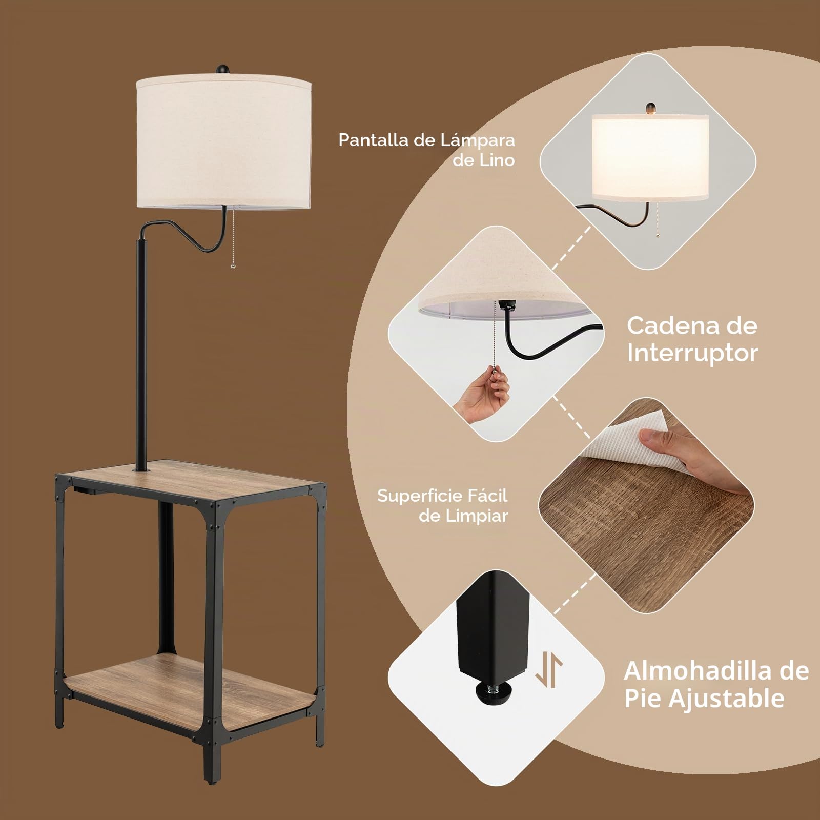 HOMASIS Lámpara de Pie con Mesa Auxiliar y Puertos de Carga USB, Lámpara de Mesilla de Noche Giratoria 360°, con Lámpara E27 (No Incluida) para Salón, Dormitorio, Natural