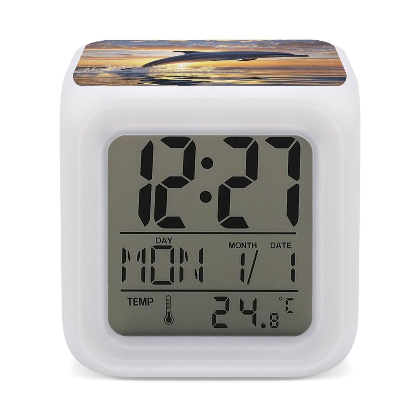 Reloj despertador digital infantil con delfines y luz de 7 colores