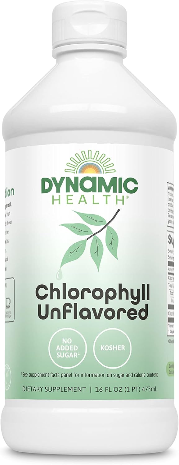 Dynamic Health Liquid Chlorophyll Unflavored 100 mg, Sodium Copper Chlorophyllins with Alfalfa and Mulberry Leaves, Plant Cleanse and Deodorizing, No Added Sugar, 16 Fl Oz (Pack of 2)