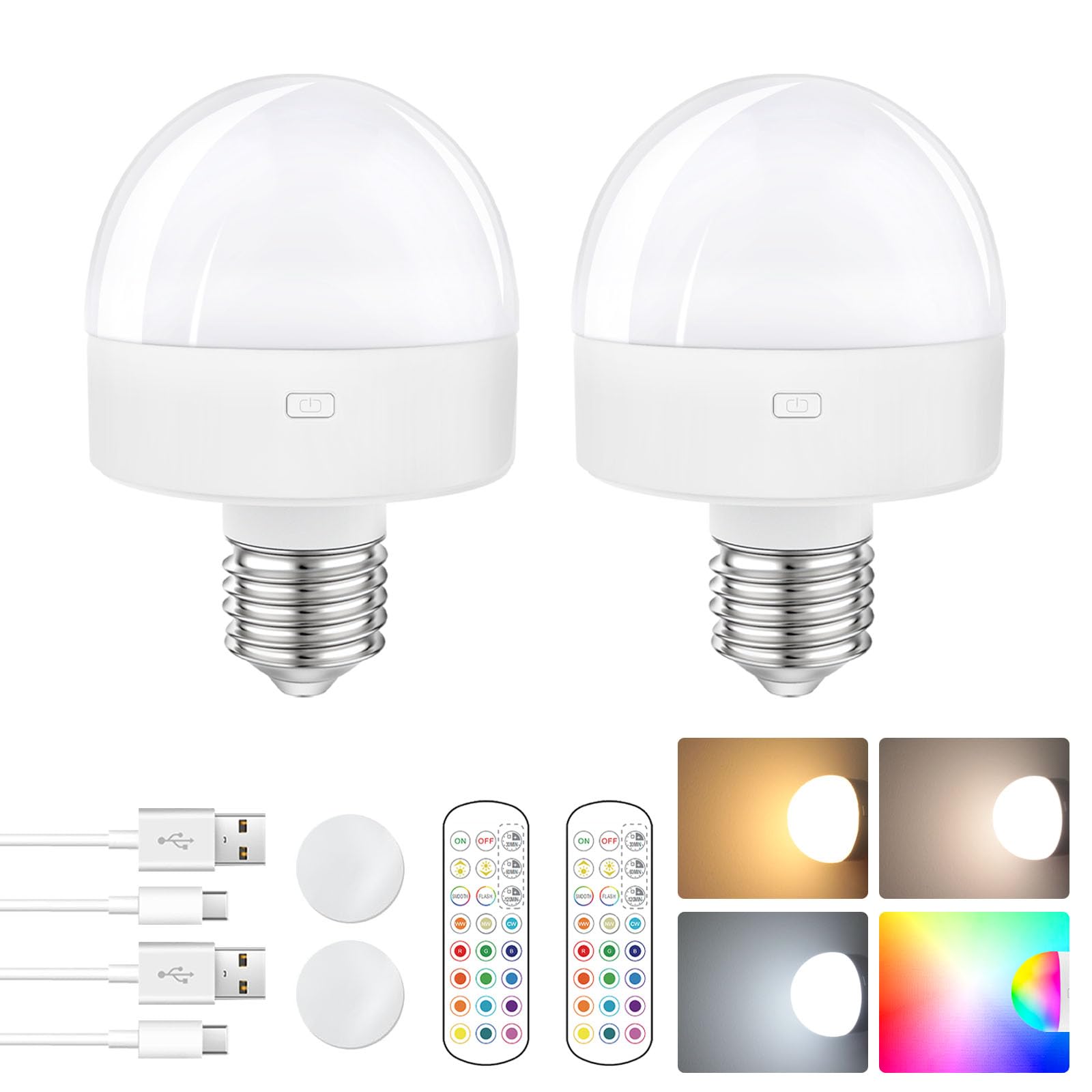 E26 Rechargeable Light Bulb with Remote,Battery Operated Backup Bulb for Sconces & Lamps,15 Colors Selectable,3 Timer,Dimmer,Wireless Puck Light Bulbs