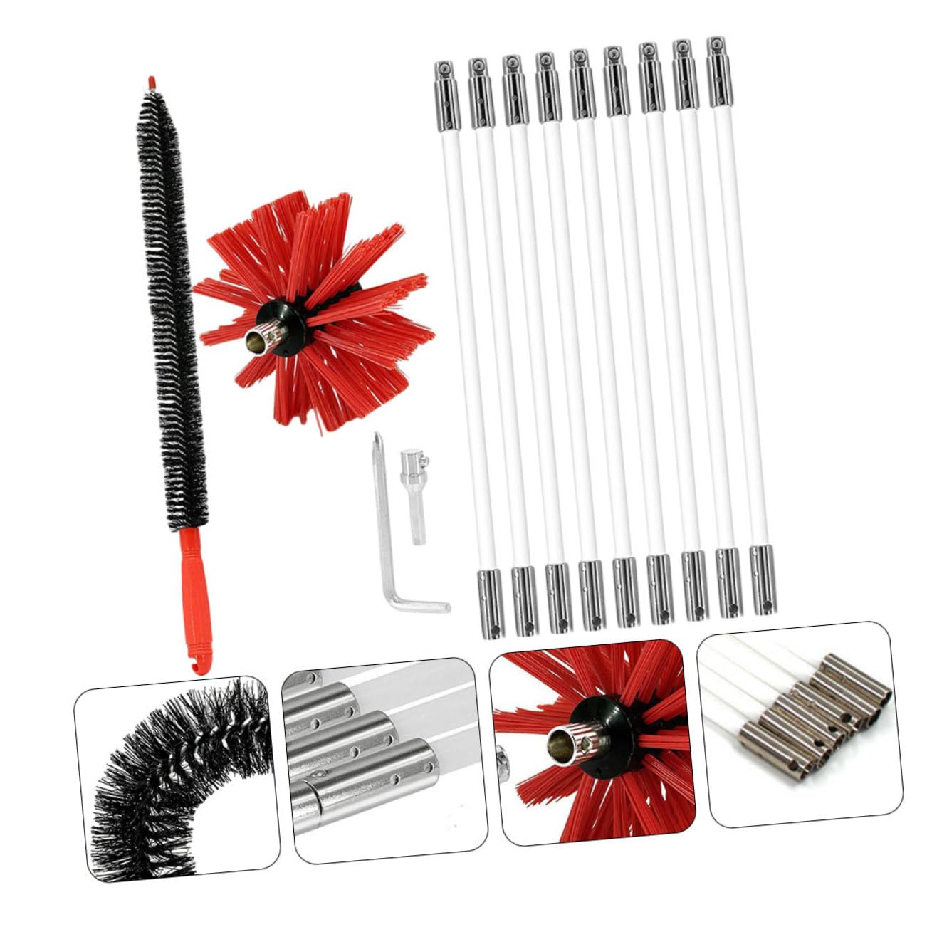 Spazzola per Stufa 9 Aste in Nailon Flessibili per Canne Fumarie | Kit Spazzacamino, Pulizia Tubi Pieghevoli, Non Graffia, per Canne Metalliche e Camini in Mattoni