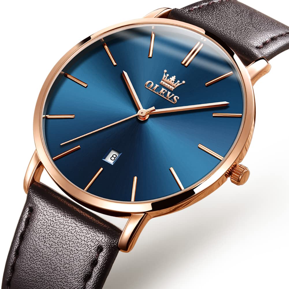 OLEVS Mens Wrist Watches Ultra Thin 6.5mm Minimalist Business Dress Waterproof & Date & Leather Strap Slim Watches for Men