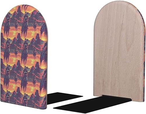 Cyber Retro Western Cowboy Print BookEnds 1 Pair, Decorative Bookends for Heavy Books, Wood Book Ends for Shelves, Book Organizer for Home Desk