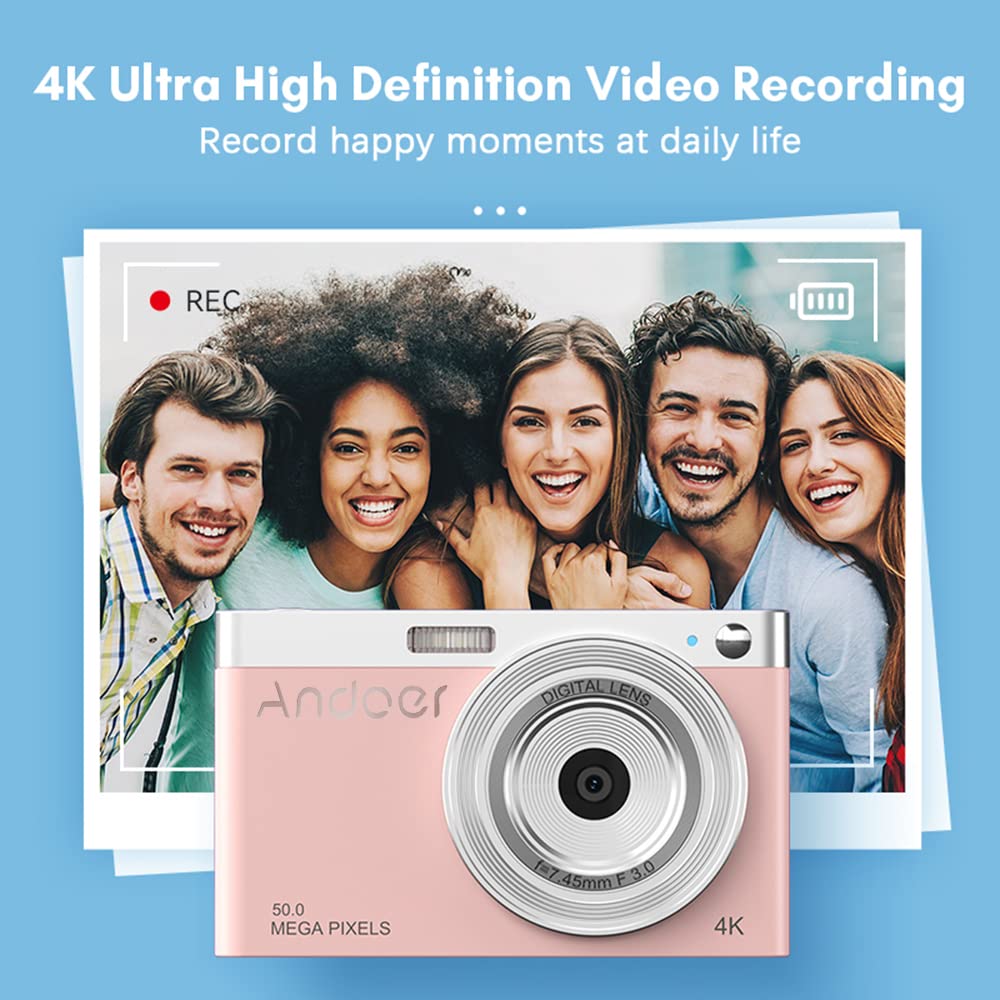 Andoer Appareil Photo Numérique Compact Camera 4K 50 MP 2,88" LCD Rechargeables Appareil Photo avec 16X Digital Zoom pour Enfant Adolescent Étudiant Adulte Débutant Flash Intégré