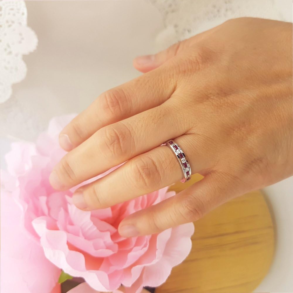 Dazzlingrock Collection 18K Round Ruby And White Diamond Womens Anniversary Wedding Stackable Ring Band, Solid White Gold