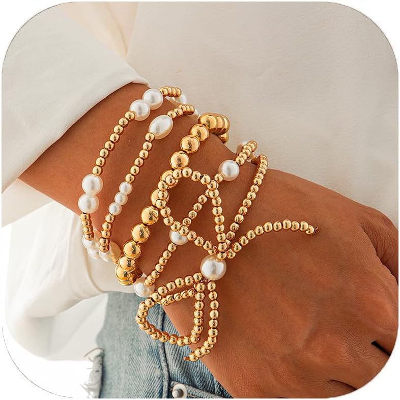 Gold Bow Bracelet for Women Gold Beaded Bracelets Stackable Stretch Bead Ball Bracelets Pearl Bracelets Adjustable Gold Jewelry for Women