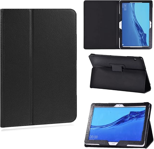 Printed Leather slim lightweight Stand Cover Case For Case for Huawei MediaPad T5 10 10.1 Inch 2018 Released Android Tablet, Cover with Stand Function (MediaPad T5 10 10.1", black case)