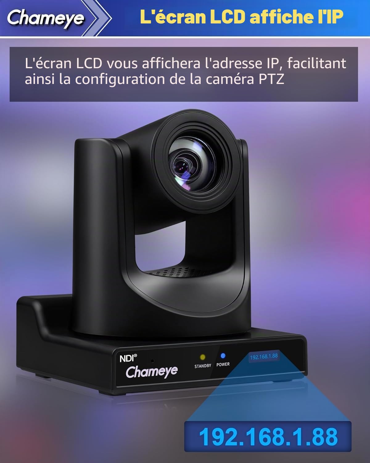 Chameye Caméra NDI PTZ avec 20x Zoom Optique, 1080p 60fps AI Suivi Automatique avec écran LCD, 3G-SDI HDMI USB3.0 LAN (PoE) pour Les Services Religieux, l'éducation, la Diffusion en Direct - C720N