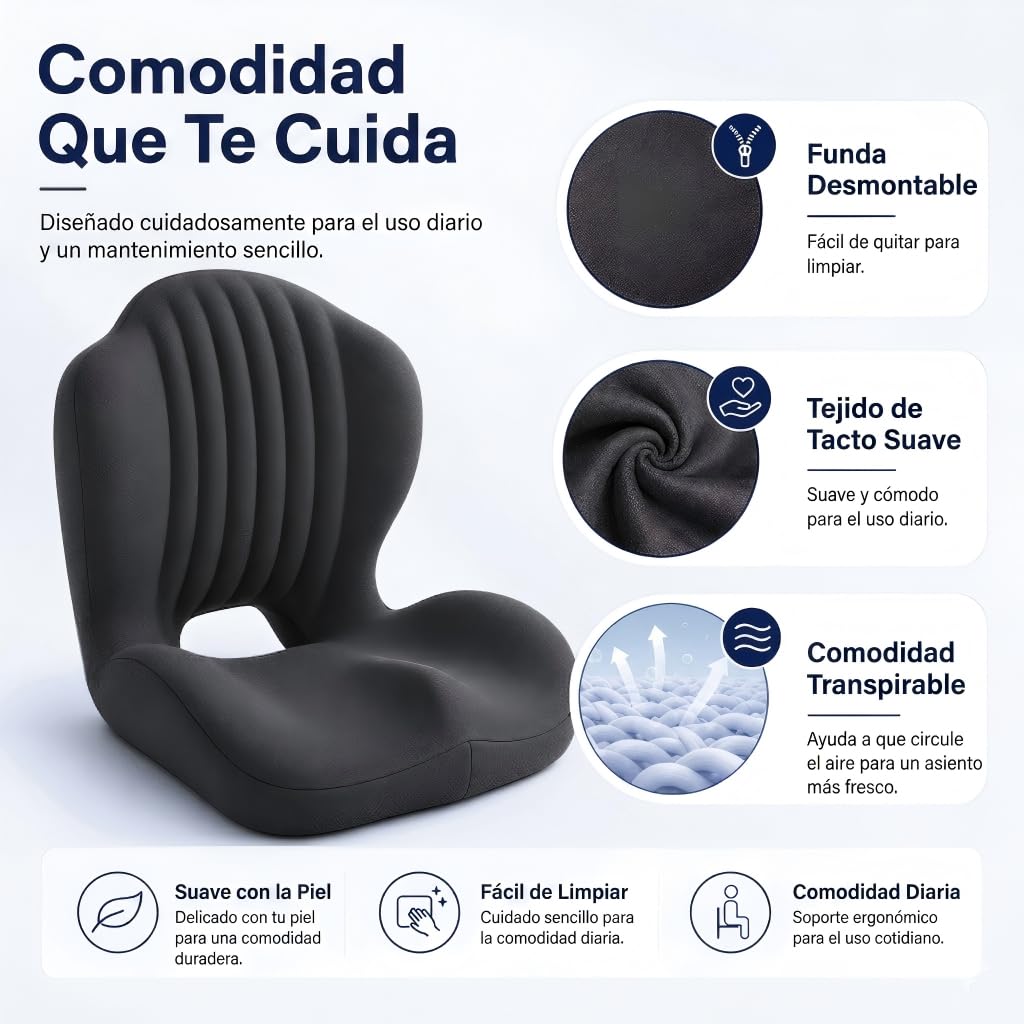 Cojín de asiento ergonómico y soporte lumbar, respaldo de espuma viscoelástica en forma de L para silla de oficina, coche y hogar, corrector de postura integrado con funda lavable (Negro y gris)