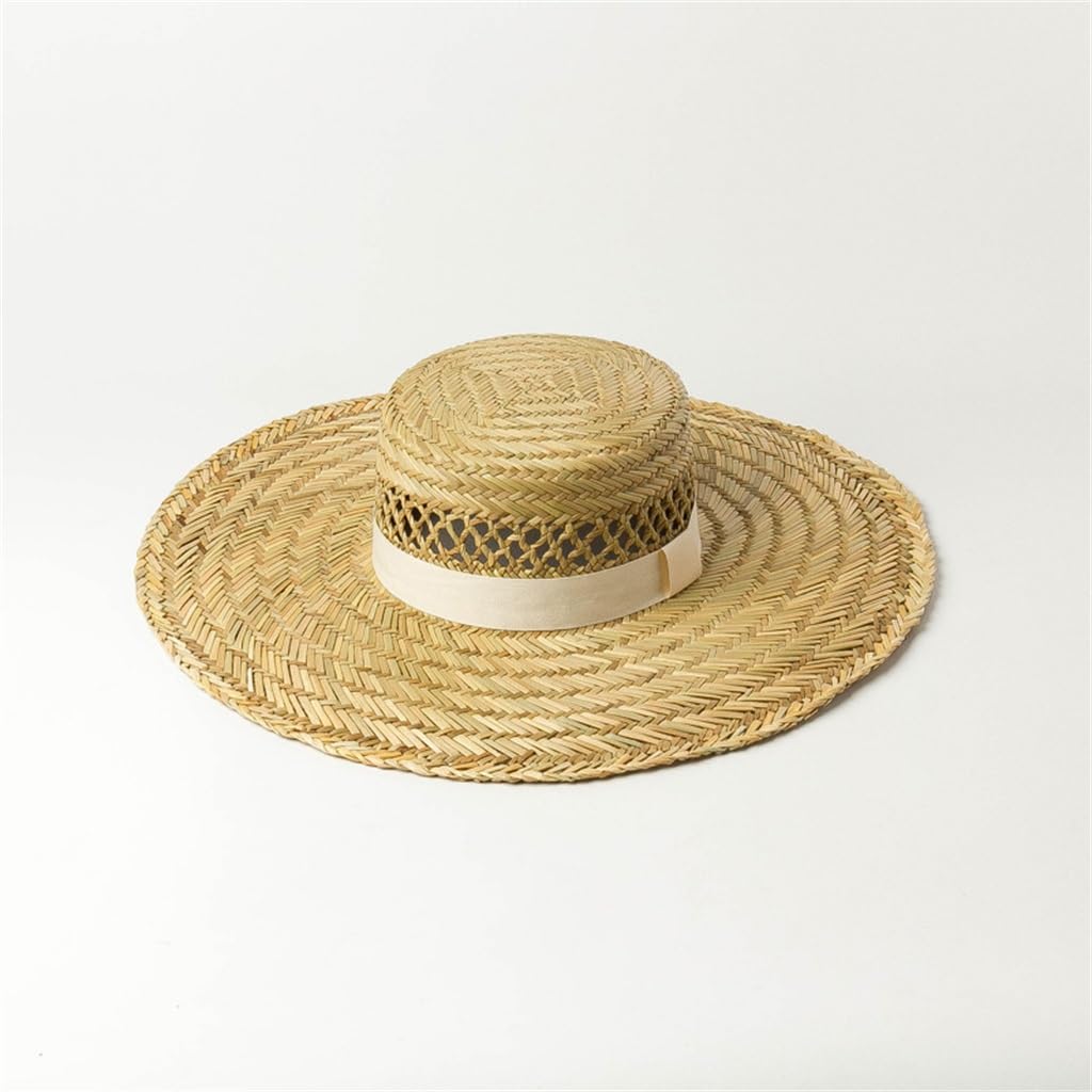Cappello a Cilindro Piatto di alghe Intrecciate a Mano Decorazione a Nastro Grande grondaia Cappello di Paglia a Punta Piatta di alghe Cappello di Paglia Parasole