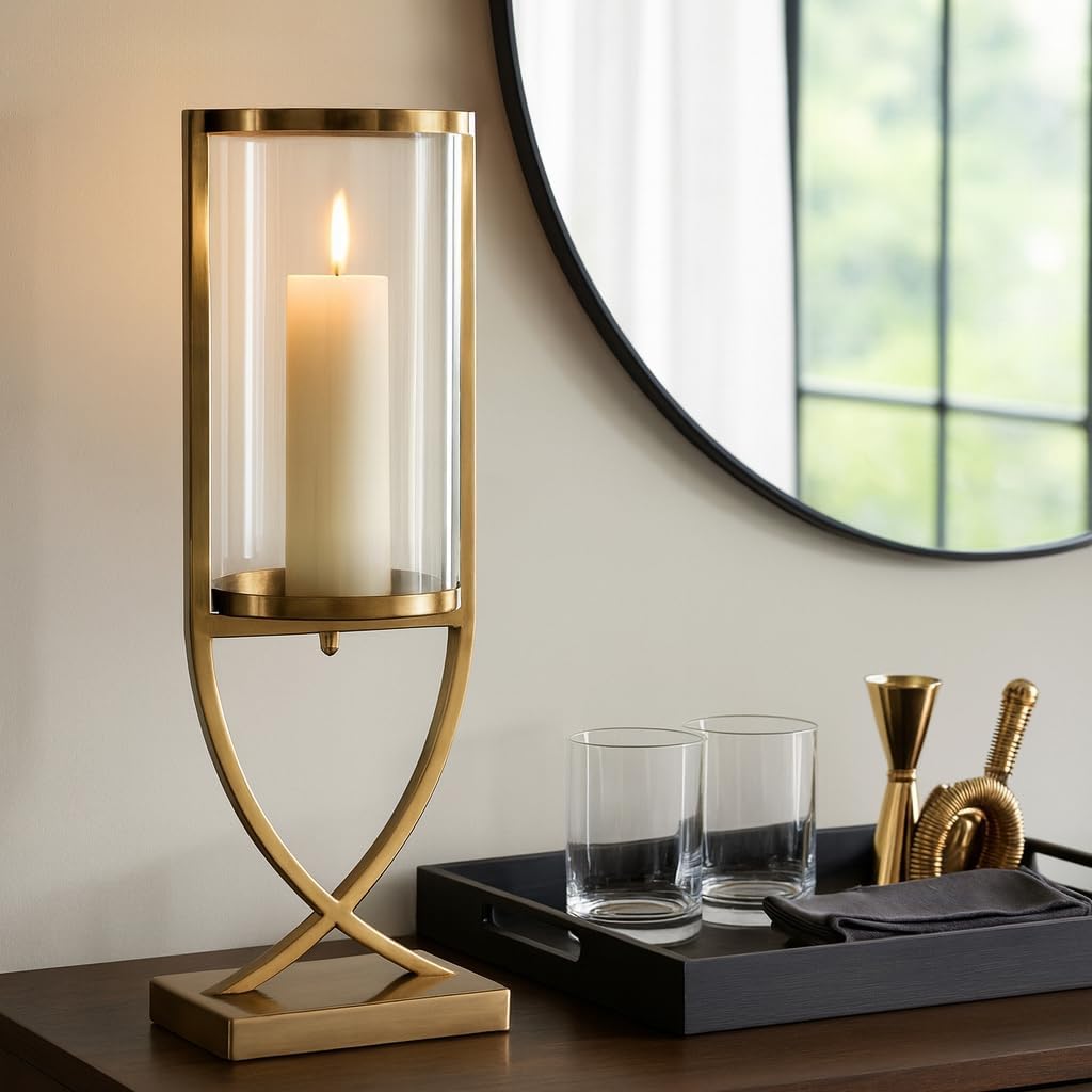 Contemporary Metal and Glass Hurricane Candle Holder - Decorative Pillar Candlestick Holder for Table Centerpiece - Elegant Home Decor Accents for Any Special Occasion Decoration - 23" Gold