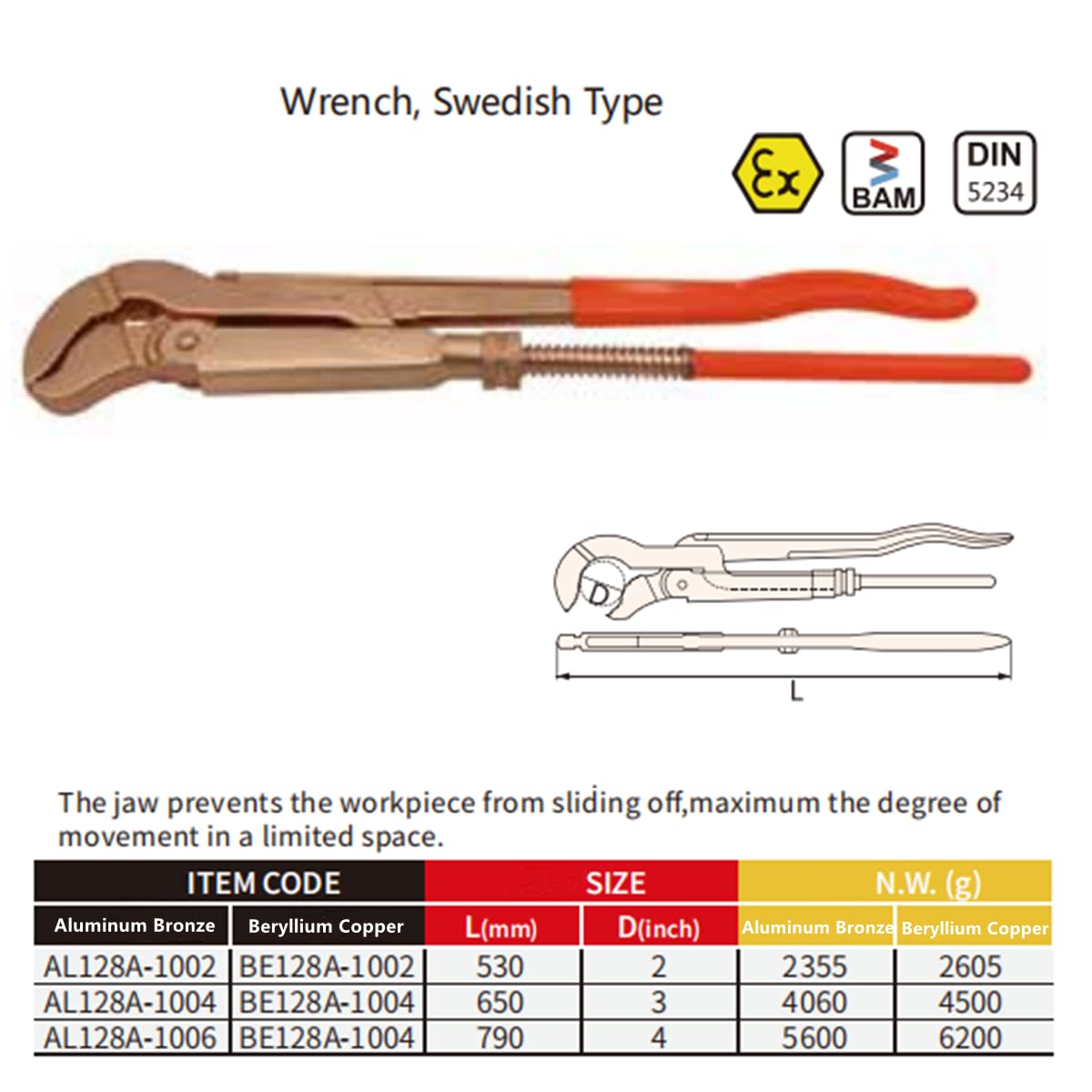 WEDO Non-Sparking Swedish Pattern Pipe Wrench, S-Shape, Spark-free Safety Pipe Wrench, Multipurpose Wrench,Aluminum Bronze,DIN Standard, BAM & FM Certificate,21'',530mm
