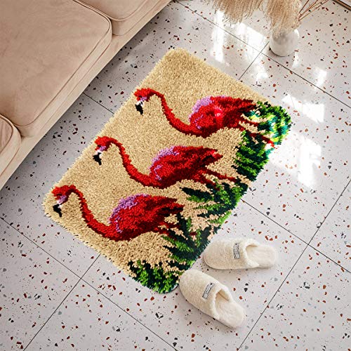 Image of clubevy Tapestry Kits Latch Hook Rug Kits Carpet Embroidery Needlework Button Package DIY Rugs Cross Stitch Kit, Flamingos