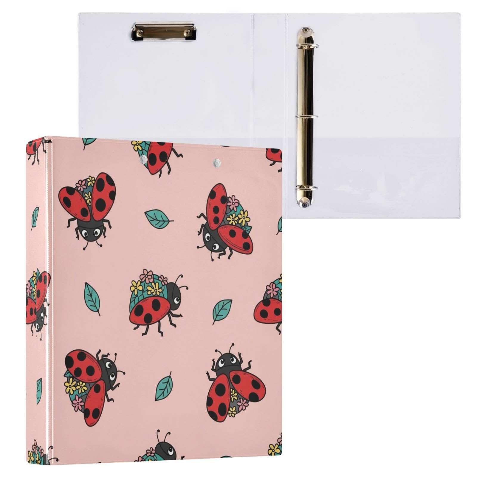 Raccoglitori ad anelli con 3 anelli, 3,8 cm, motivo coccinelle, decorativi, rotondi, con clip in metallo, formato A4, organizer per casa e ufficio, confezione da 2