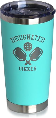 Designated Dinker - Insulated Coffee Tumbler Cup with Sliding Lid - Stainless Steel Insulated Mug - Funny Pickleball Themed Gifts and Decor - Teal