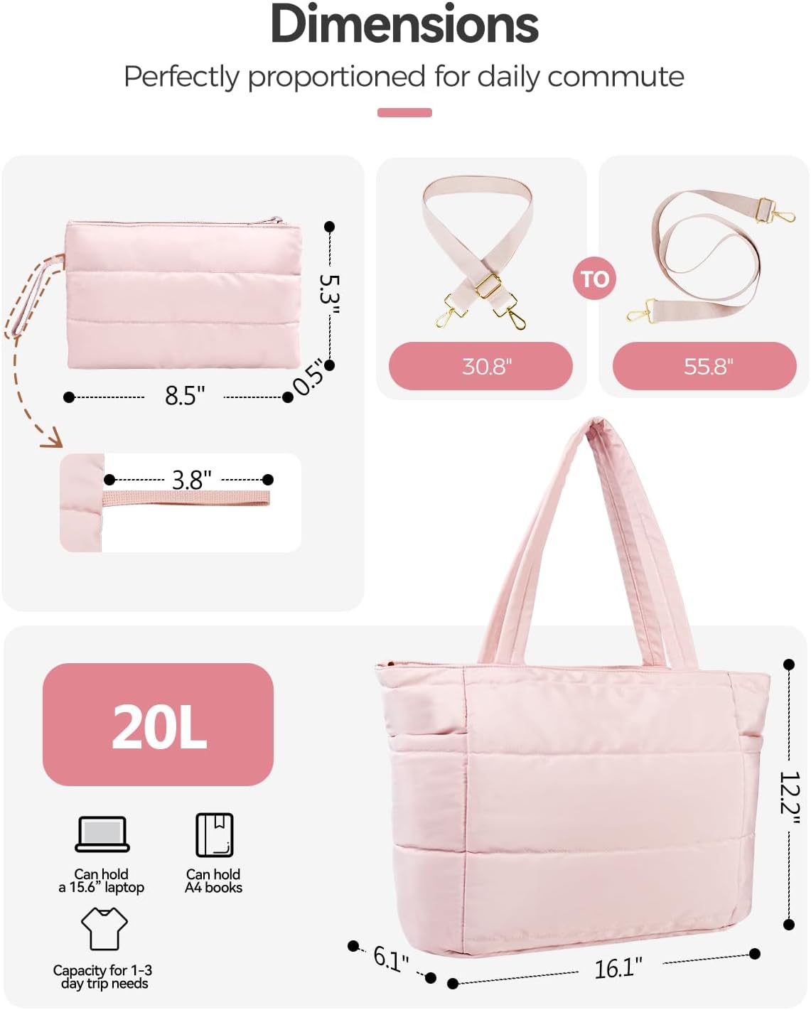 Moyad Puffy Tote Bag for Women with Zipper, Lightweight Quilted Bags Shoulder Handbag for Work, Travel, Gym, Nurse, Teacher - Image 3