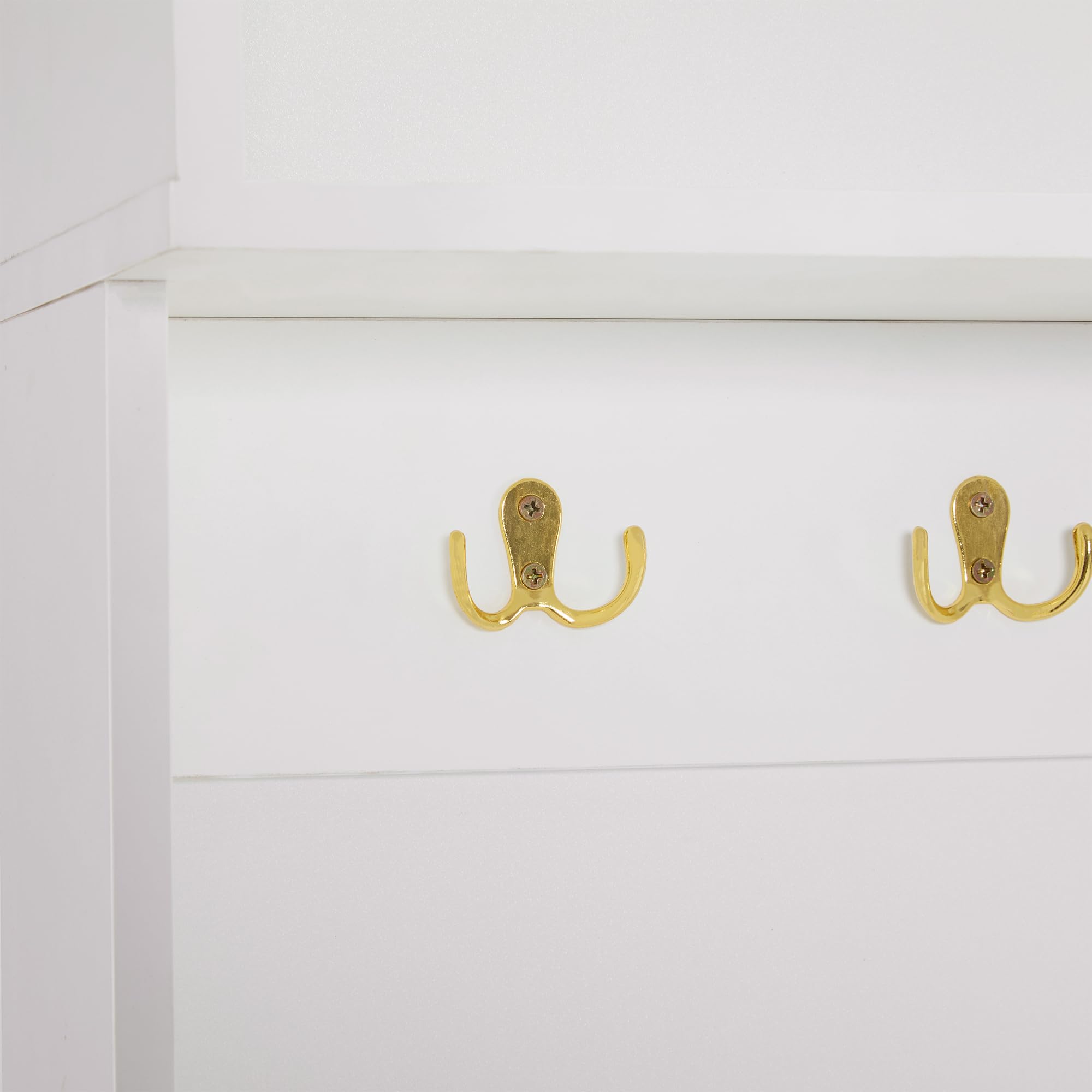 SUKY Set appendiabiti con panchina, bianco, 120 x 23,5 x 191,5 cm, multifunzionale, portaoggetti aperto, 6 ganci e piedi dorati, adatto per corridoio, soggiorno