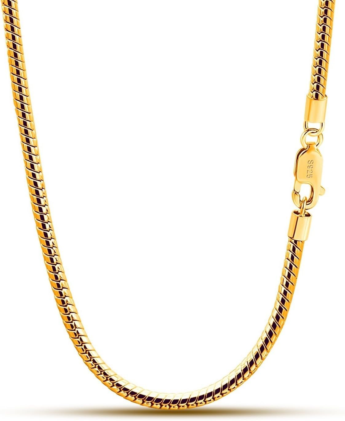 Dankadi Italy 925 Sterling Silver Snake Chain Necklace Men & Women 3MM-4MM Rolo Link Round Chain Chokers 18 "20" 22 "24" 26 "28" 30" Unisex Fine Jewelry Gift (3MM Gold, 16 inches)