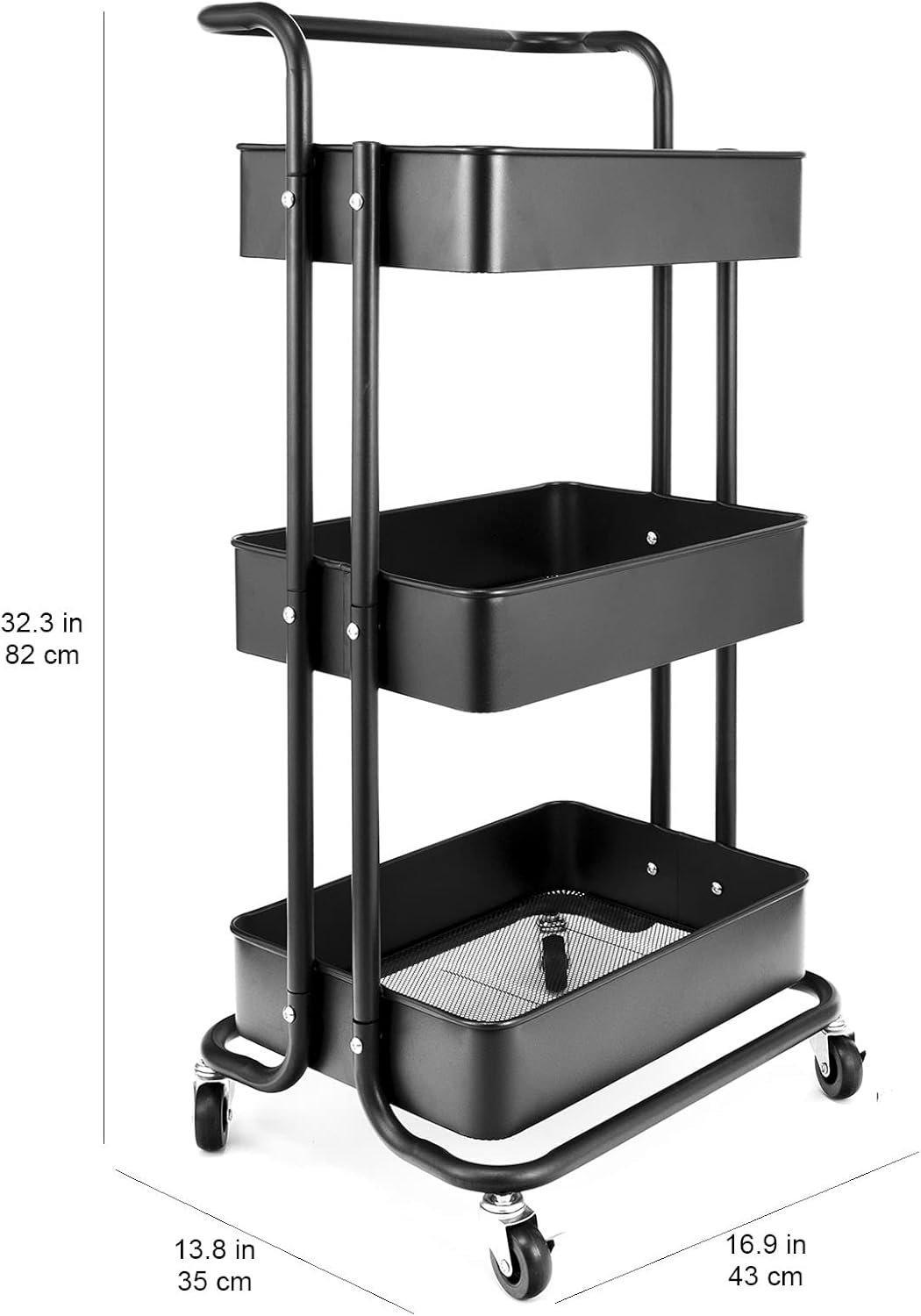 3-Tier Metal Utility Rolling Cart, Heavy Duty Multifunction Cart with Lockable Casters with Holder, Suitable for Office, Bathroom, Kitchen, Garden (Black)