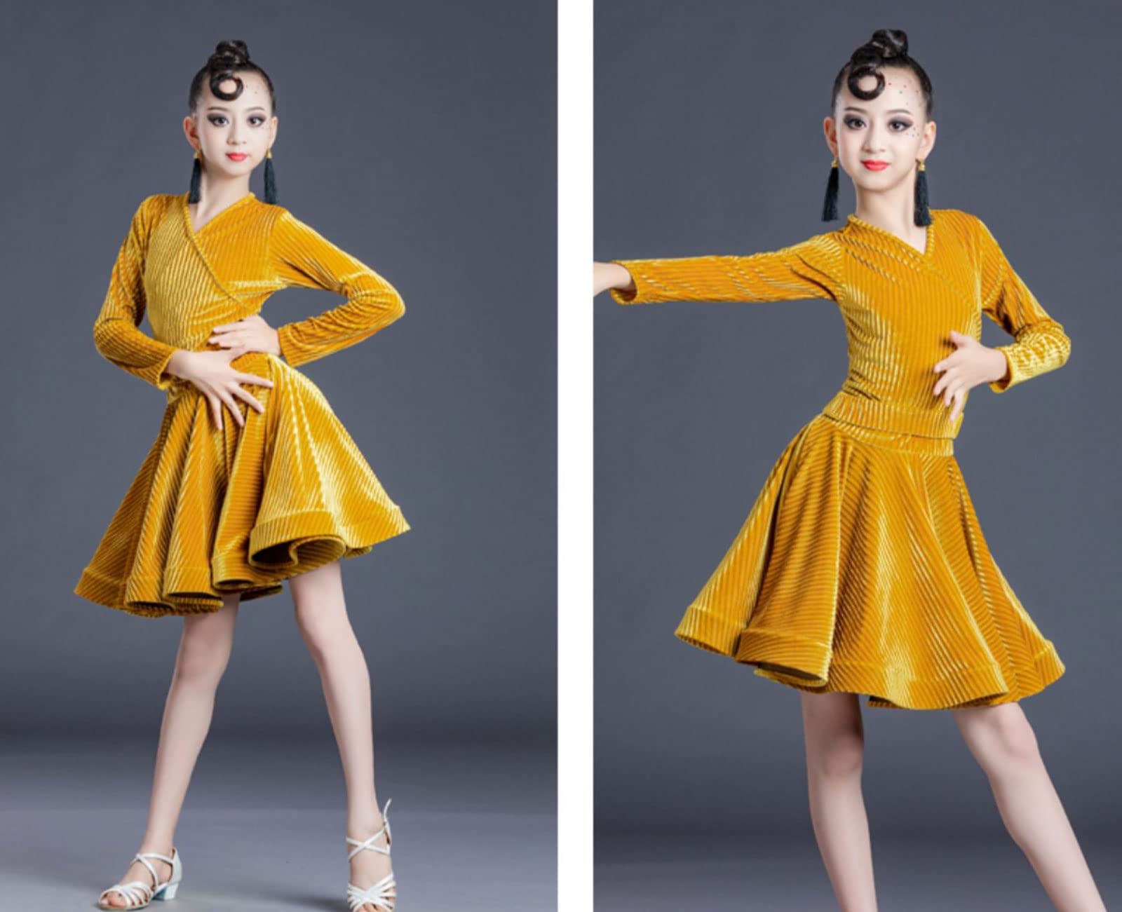 Robe De Danse Latine 2 Pièces Pour Fille - Justaucorps Manches Longues Et Jupe à Volants - Taille 110 à 170 Cm - Matière Velours - Pour Compétition Et Spectacle