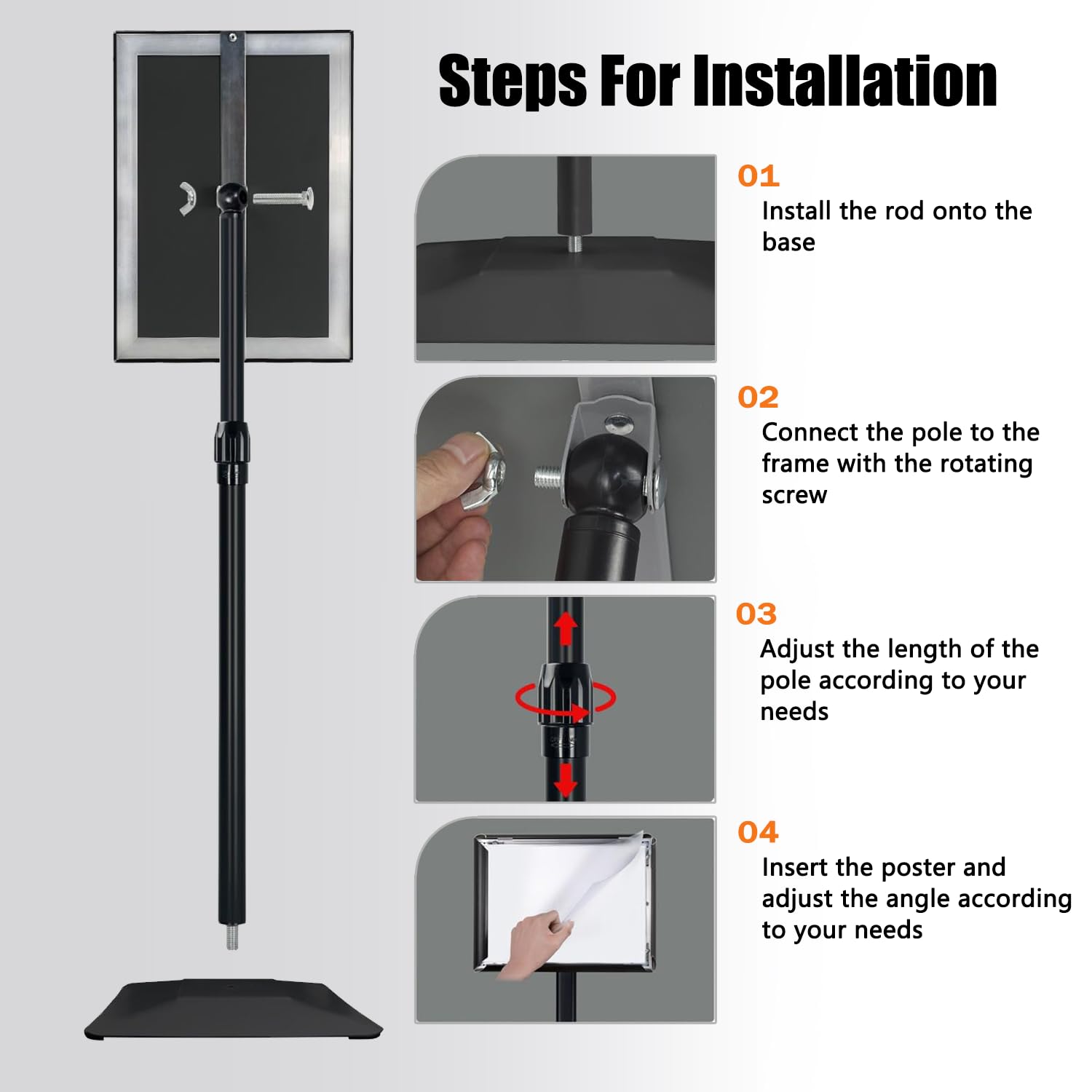 Soporte ajustable para carteles, con base de hierro mejorada, soporte de señalización de piso de pedestal para publicidad en exteriores o interiores (11 x 17 pulgadas, negro, paquete de 3)