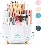 SKYDUE 360 Degree Rotating Desk Organizer, Dual-Purpose Pencil Pen Holder, Rotating Desk Pen Organizer with 5 Slots, Pencil Cup for Office, School, Home (Beige)