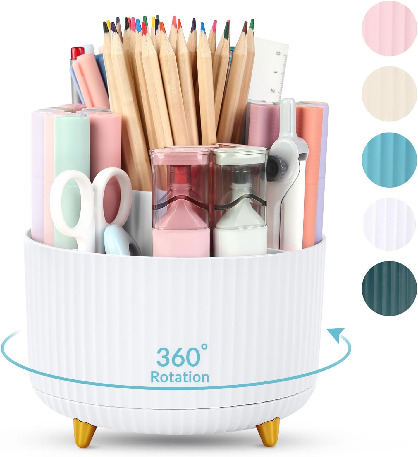 SKYDUE 360 Degree Rotating Desk Organizer, Dual-Purpose Pencil Pen Holder for Desk, Rotating Desk Pen Organizer with 5 Slots, Pencil Cup for Office, School, Home (White)