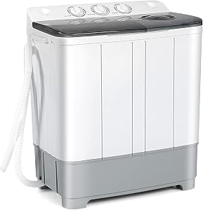 COSTWAY Machine à Laver Portable, Capacité de 22Lbs à Double Cuve, Laveuse Compacte (13.2Lbs) et Essoreuse (8.8Lbs) avec Boutons de Contrôle, Pompe de Drain Intégrée, Laveuse Semi-Automatique pour Appartement, RV (Gris)