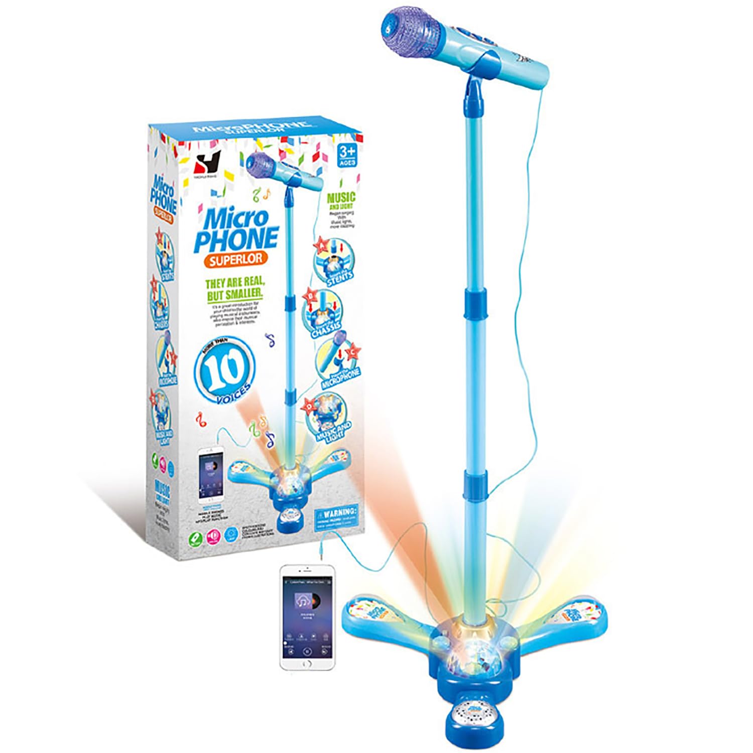 Máquina de karaoke para niños con soporte ajustable, micrófono para niños, música cantando junto con luz intermitente de escenario y pedales, regalo para niños (azul)