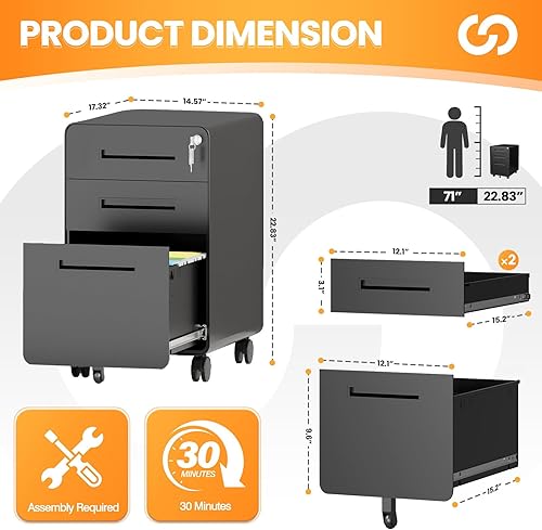 Vista 52 de Archivador de 3 cajones, archivador móvil totalmente ensamblado con cerradura para oficina en casa, caninete de metal con ruedas, cabina de tres