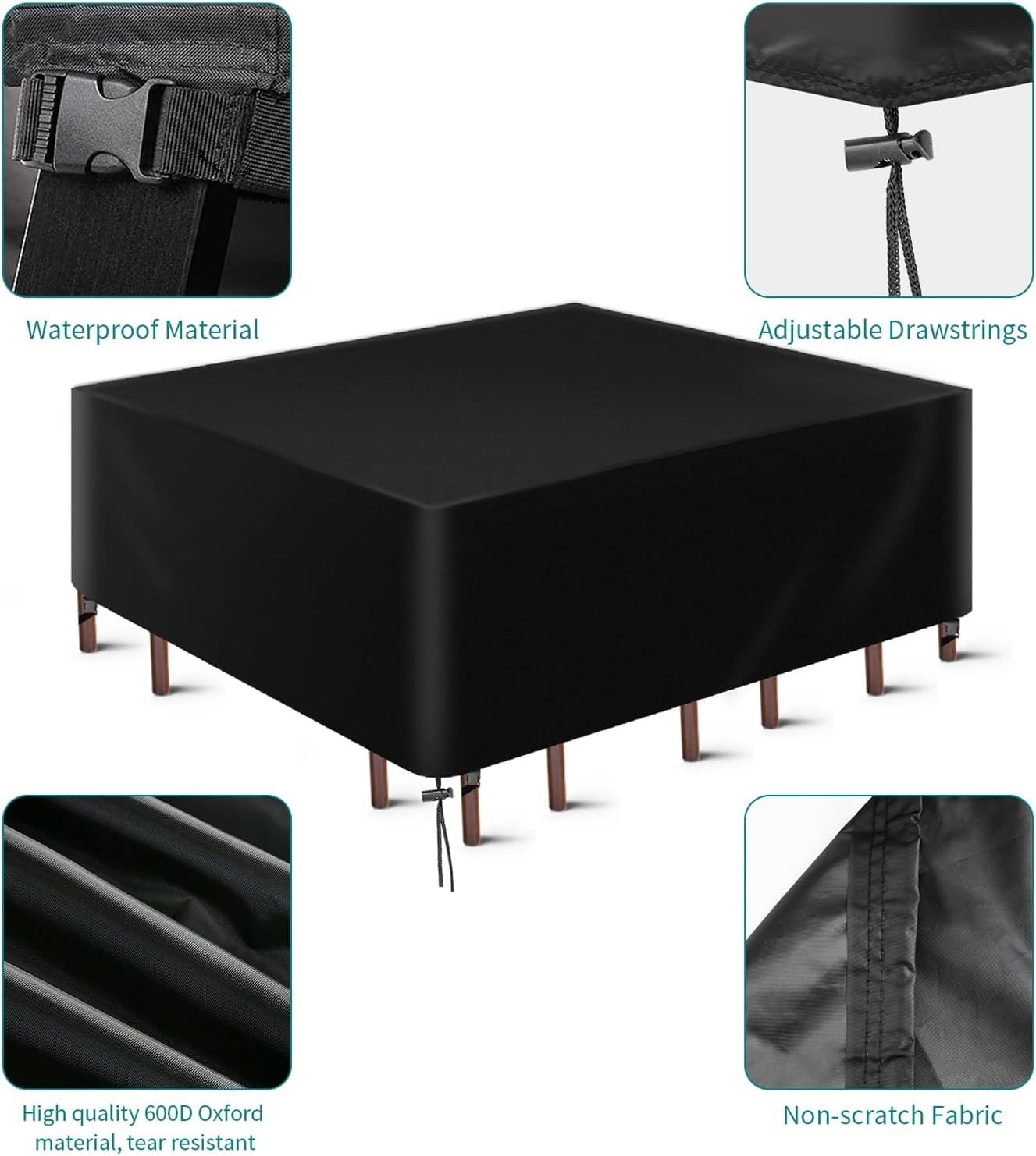 LCGOD Copertura per Mobili da Giardino, Nero Copritavolo Esterno Impermeabile, Rettangolari in tessuto Oxford 600D resistenti al vento e anti-UV Copertura Tavolo Esterno (242 x 162 x 100 cm)