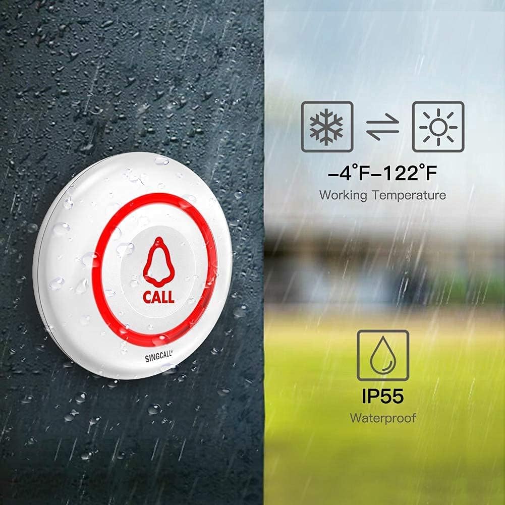 Image showing the SINGCALL call button with icons indicating IP55 waterproof rating and a working temperature range of -4°F to 122°F.