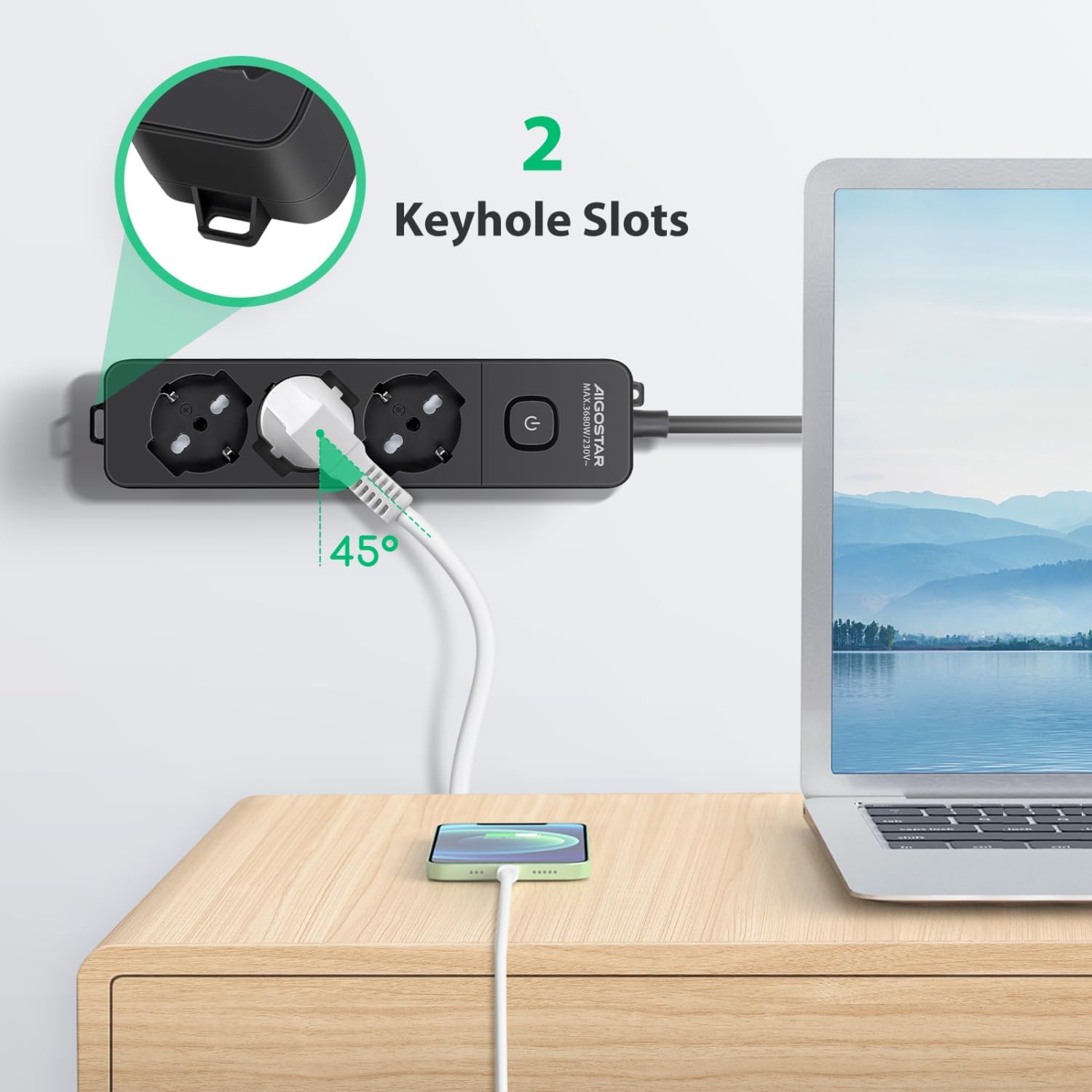 Aigostar Power Strip with Keyhole Slots and 45-degree outlets