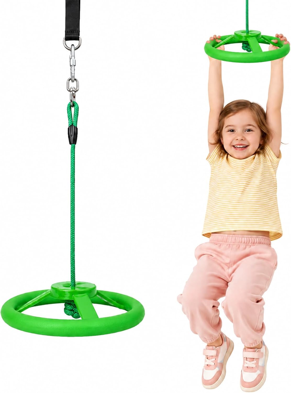 Ninja Twister Swing Spins Set – 360° Steering Wheel Design Slackline Attachments for Backyard, Swing Set Accessories with Stainless Steel Swivel, Non-Slip Grip, 220 lbs (Green)