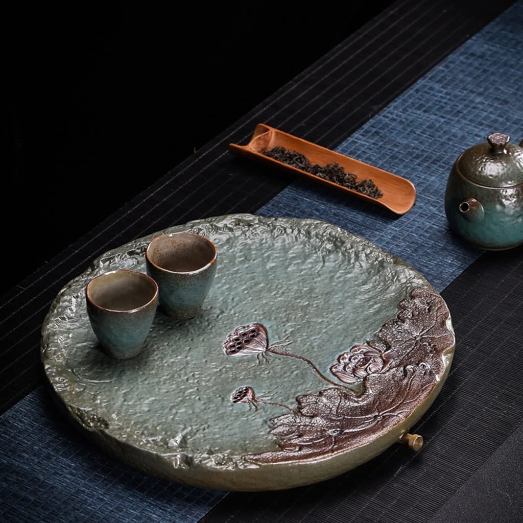 Bandeja para Servir té Kungfu, Elegante cerámica para Mesa de Kungfu, con Almacenamiento y Drenaje de Agua (Verde, 32,5 x 32,5 x 3,5 cm)