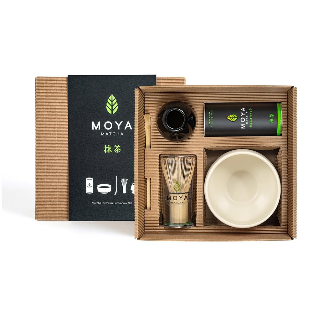Moya Bio Set de Té Matcha Japonés | 30g Grado Ceremonial (I y II) + Tazón Beige + Batidor de Bambú + Soporte + Cuchara | Set Tradicional Completo de Matcha | Regalo Elegante
