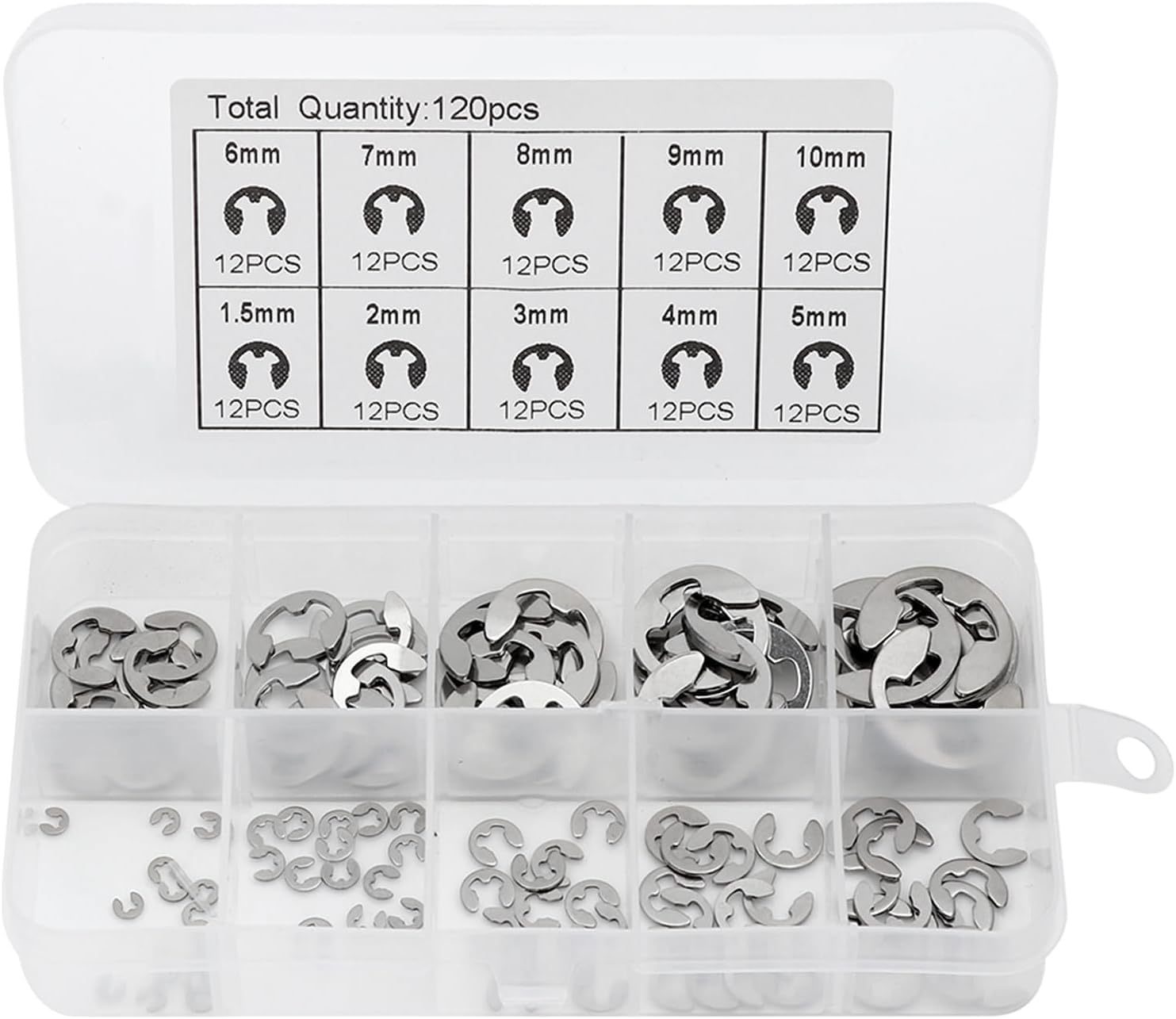 120 Circlips Type E En Acier Inoxydable - 10 Tailles Différentes Avec Boîte De Rangement