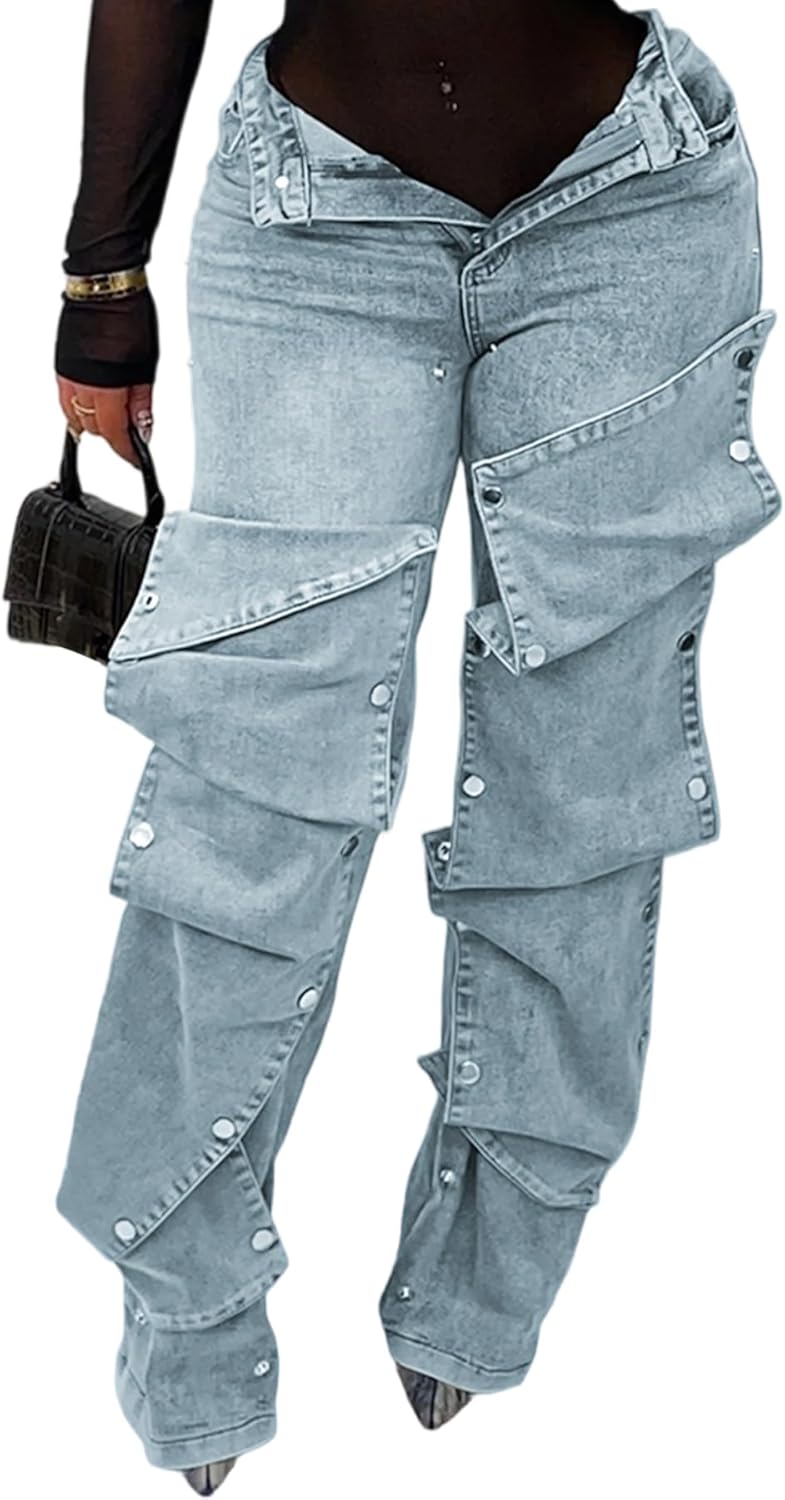 Voghtic Womens y2k Detachable Patchwork Irregular Boyfriend Cargo Jeans High Waisted Straight Leg Denim Pants Streetwear