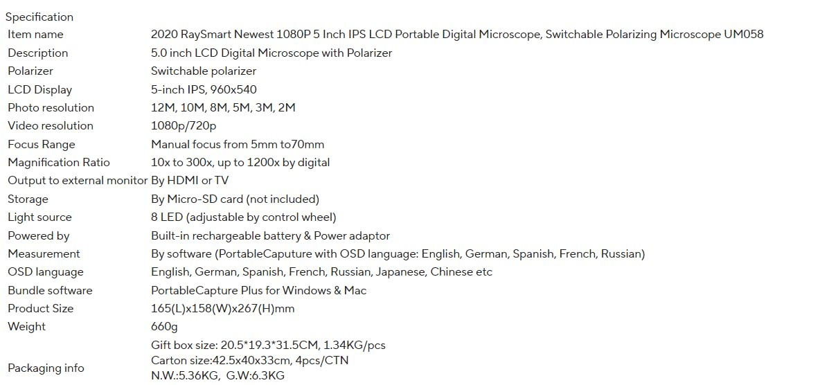 UM058 Przenośny 1080P 5-calowy cyfrowy mikroskop elektronowy LCD z polaryzatorem | Model UM058, 5-calowy ekran LCD, rozdzielczość 1080p, polaryzator w zestawie, przenośna konstrukcja