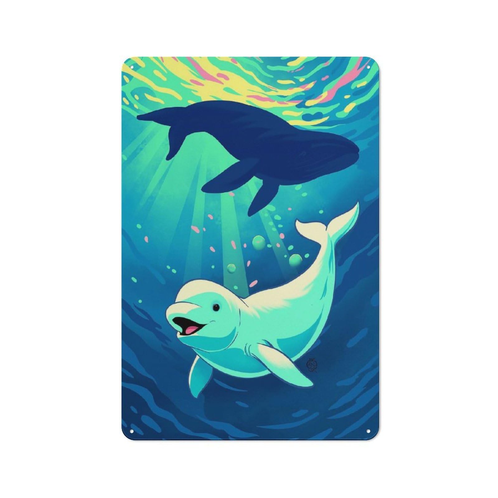 Junmoney Beluga & Whale, An Ocean Light Dance Tin Wall Plaque 30X20cm With For Workshop Wall, Suited To Makers And Diy Enthusiasts