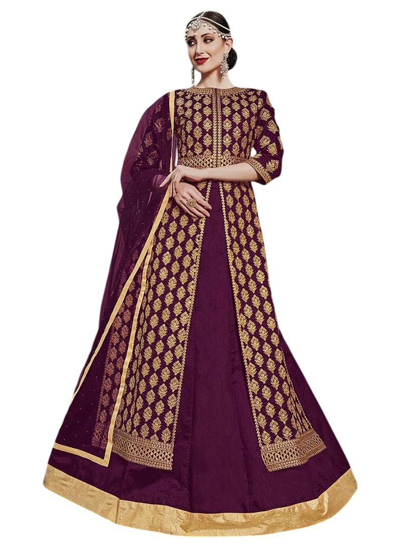 Women's Purple Art Silk Anarkali A Line Lehenga Party-image-36