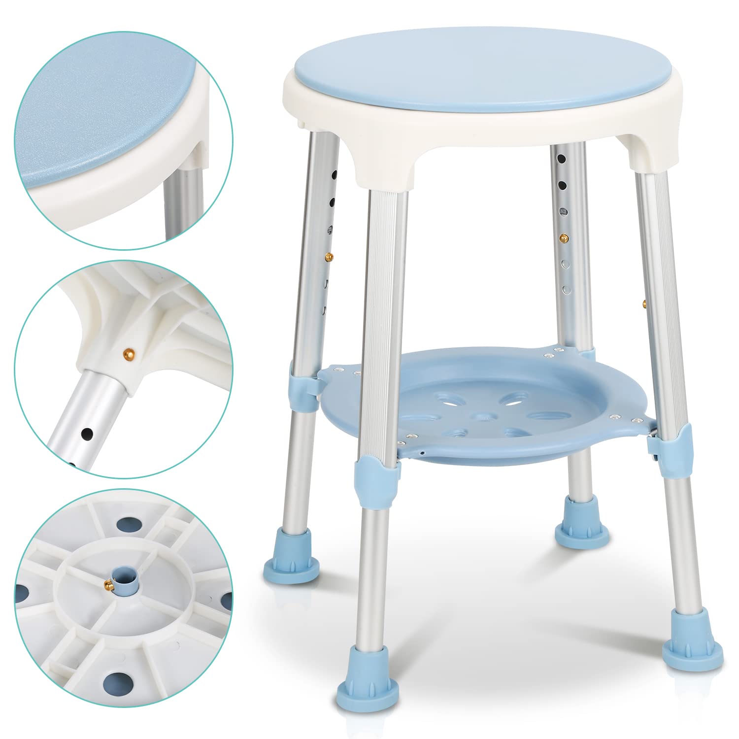 Taburete de ducha giratorio 360°, taburete de baño y asiento con espacio de almacenamiento, altura ajustable, 42-54 cm, carga 136 kg, taburete de baño estable para la ducha