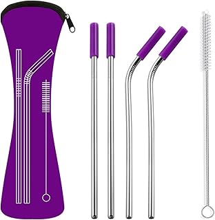 Pailles à boire, 4 pailles en acier inoxydable réutilisables avec étui de voyage Brosse de nettoyage Embouts en silicone Pailles en métal extra longues écologiques à boire (violet)