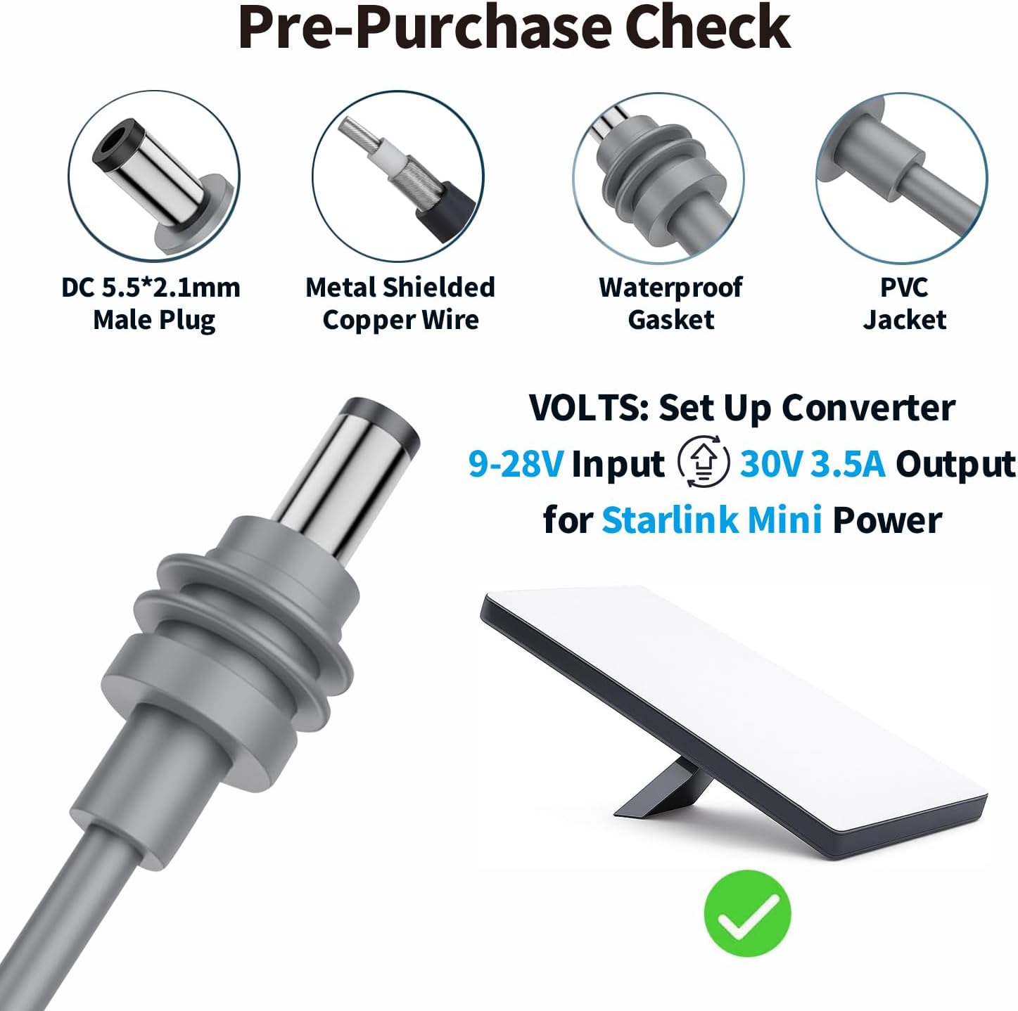 Tonton Starlink Mini 12V/24V to 30V 3.5A Step-Up Converter, Waterproof DC Power Adapter Cable with Male Plug, 9–28V Input for RV, Marine, Off-Grid, and Truck Internet Systems
