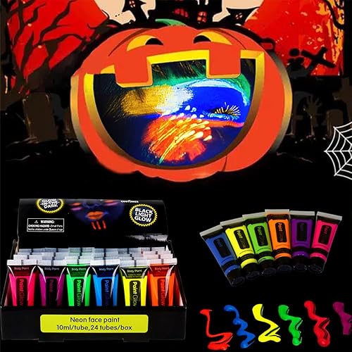 Miniatura 4 de Pintura de neón para rostro y cuerpo de luz negra que brilla en la oscuridad, pintura de Halloween, luz negra, brillante, fiesta, 6 colores, 24 tubos