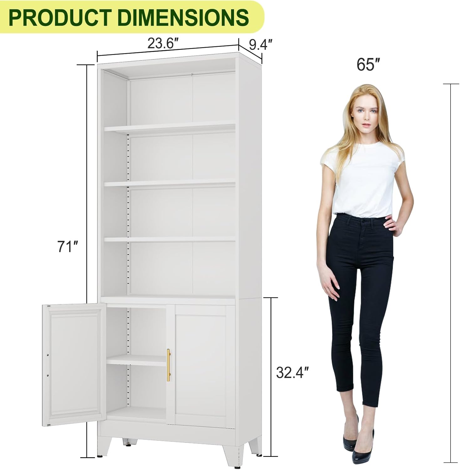 Metal Bookcase with Doors, White 71" Tall Bookcase with Storage, Floor Industrial Bookshelves and Bookcases 6 Tier Shelf Dispaly Storage Shelves for Home Office, Living Room, Bedroom, White - Image 3