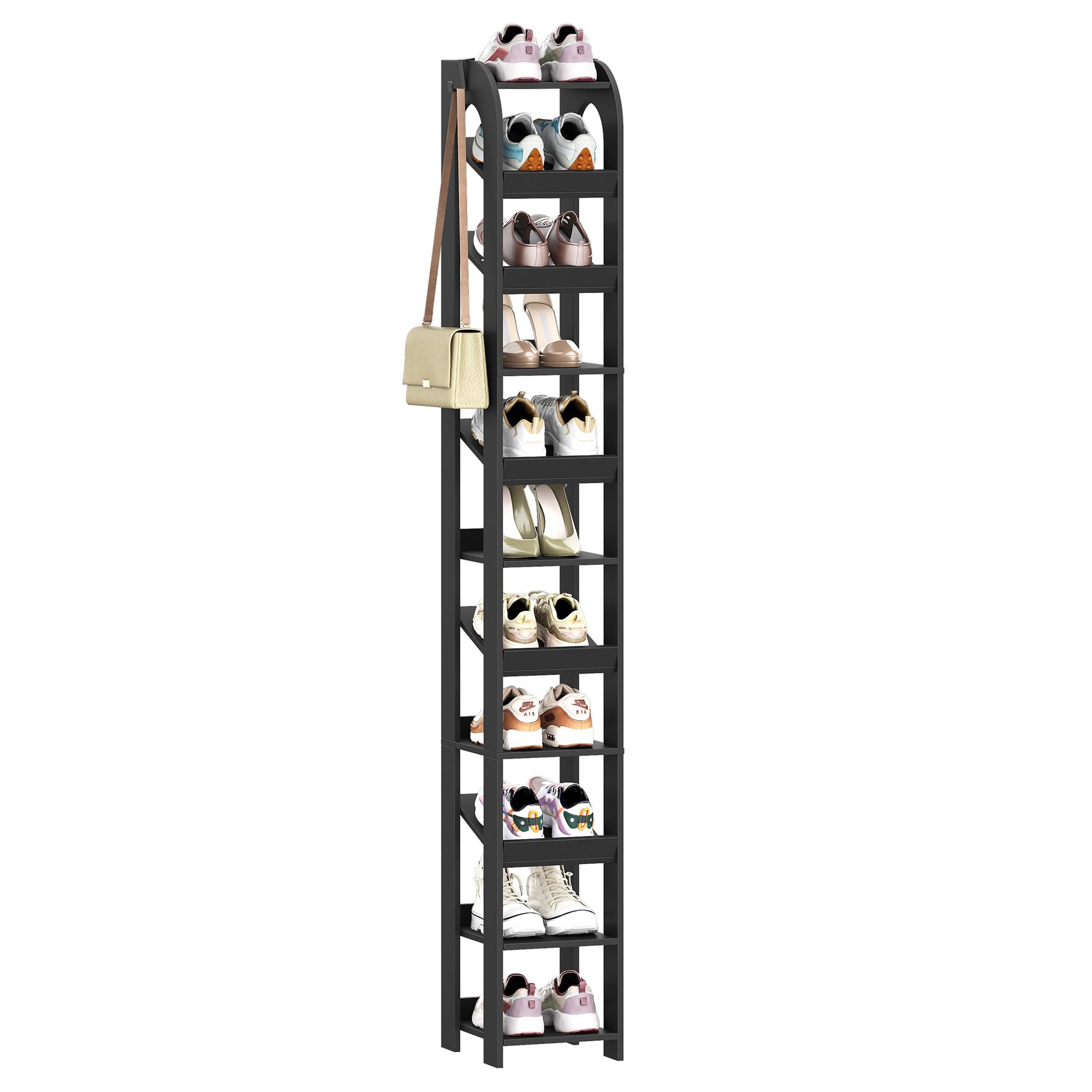 Hzuaneri Zapatero, 11 Estantes, con Ganchos, Negro | Organizador de Zapatos de Madera Para Armario, Entrada, Torre de Zapatos Para Habitaciones Pequeñas, Ajustable, SR12406X