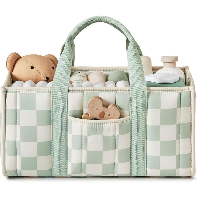 ANKICK Diaper Caddy Organizer,Cute Floral Nursery Storage Basket,Soft Portable Changing Table Car Caddy Organizer Gift (Checkered A)