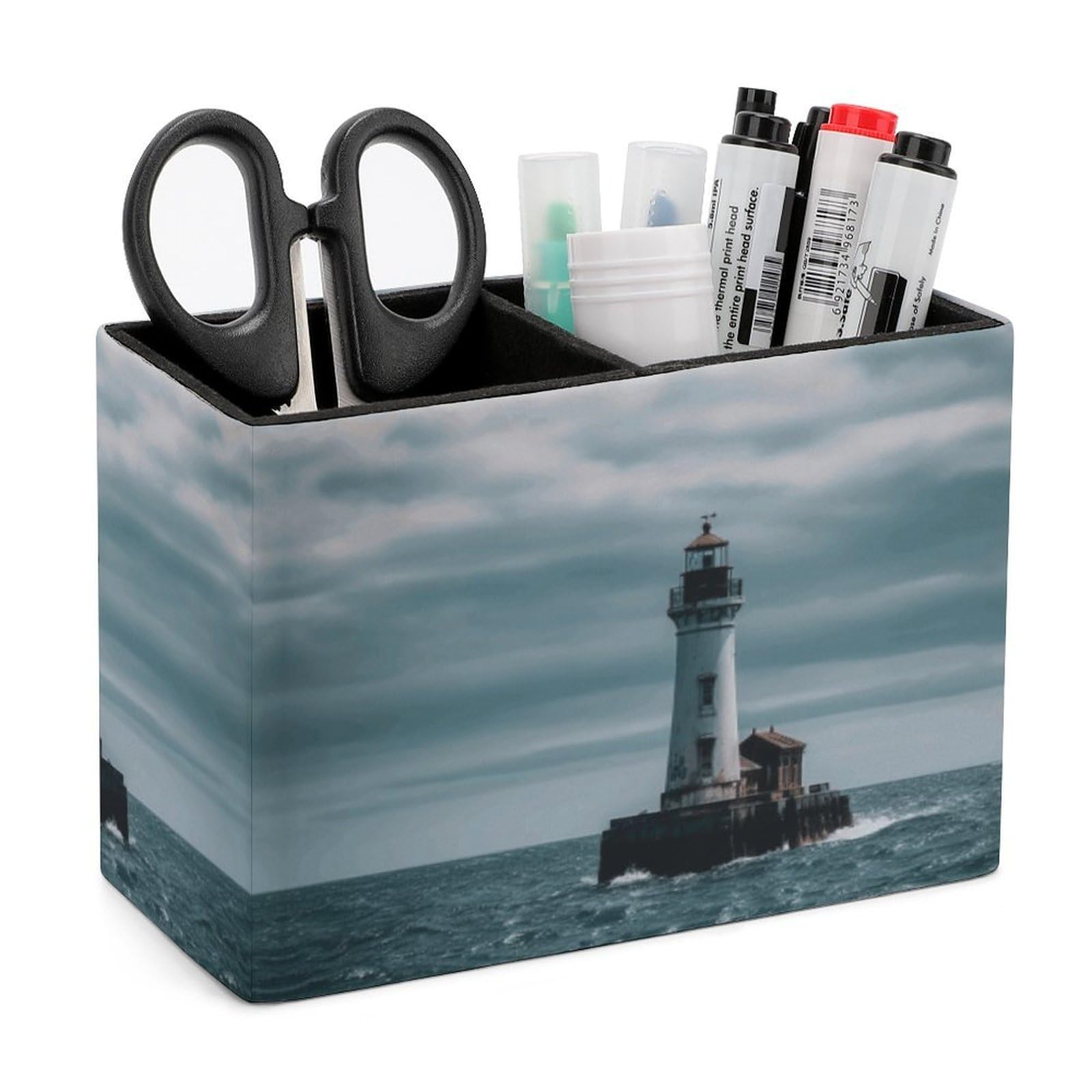 LZQPOEAS Exquisite Patterns PU Leather Pen Holder, Multifunctional Desktop Organizer Caddy with 2 Compartments, Lighthouse Ocean Pencil Cup Makeup Brush Holder for Office Home
